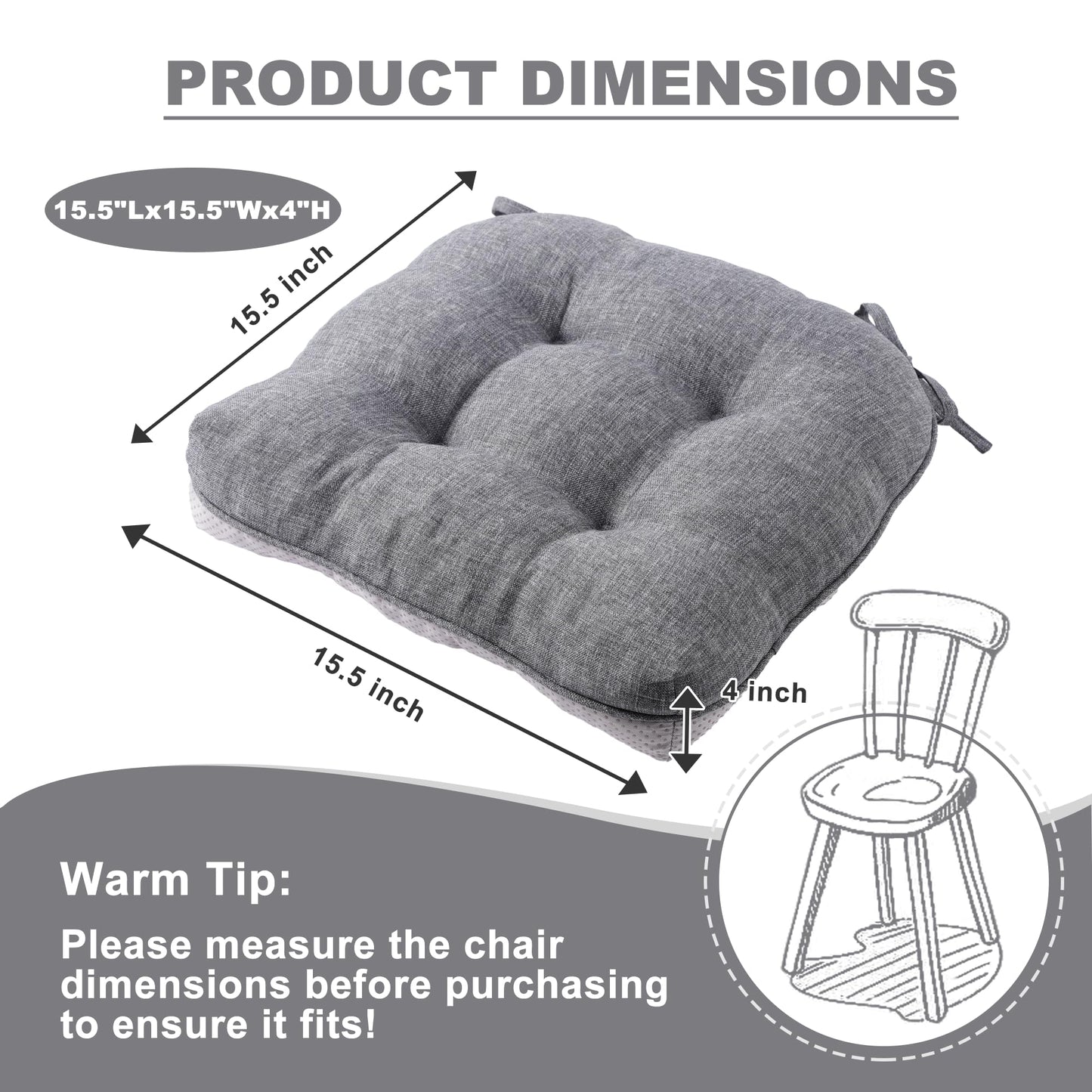 Battilo Chair Cushions Set of 2 for Reading Seats, Seat Cushions for Kitchen Dining Chairs with Non-Slip Backing, Indoor/Outdoor Waterproof Chair Seat Pads with Ties, 40cm x 40cm x 10cm, Dark Grey