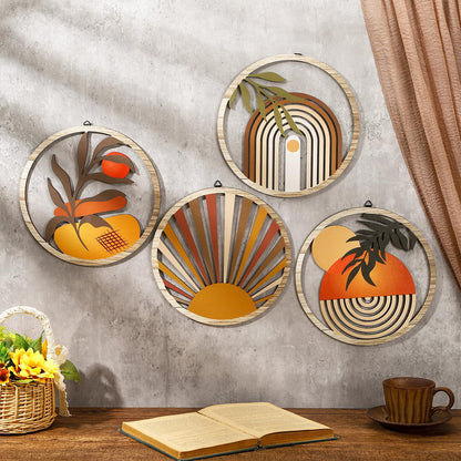 Qunclay 4 Pcs Boho Wall Art Bohemian Wooden Round Circle Wall Decor Hollow out Hanging Farmhouse Aesthetic for Bedroom Living Room Bathroom Bedroom Bathroom Patio Apartment Gift 10 Inch(Stylish)