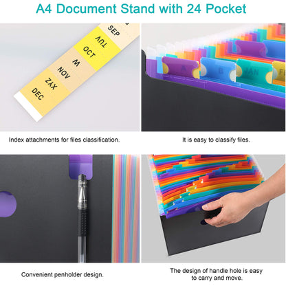 24 Pockets Expanding File Folders,Portable Accordion A4 Expandable File Organizer, Large Capacity Multicolour Stand Plastic Business File Bag for Business/Office/Study (with Flap)