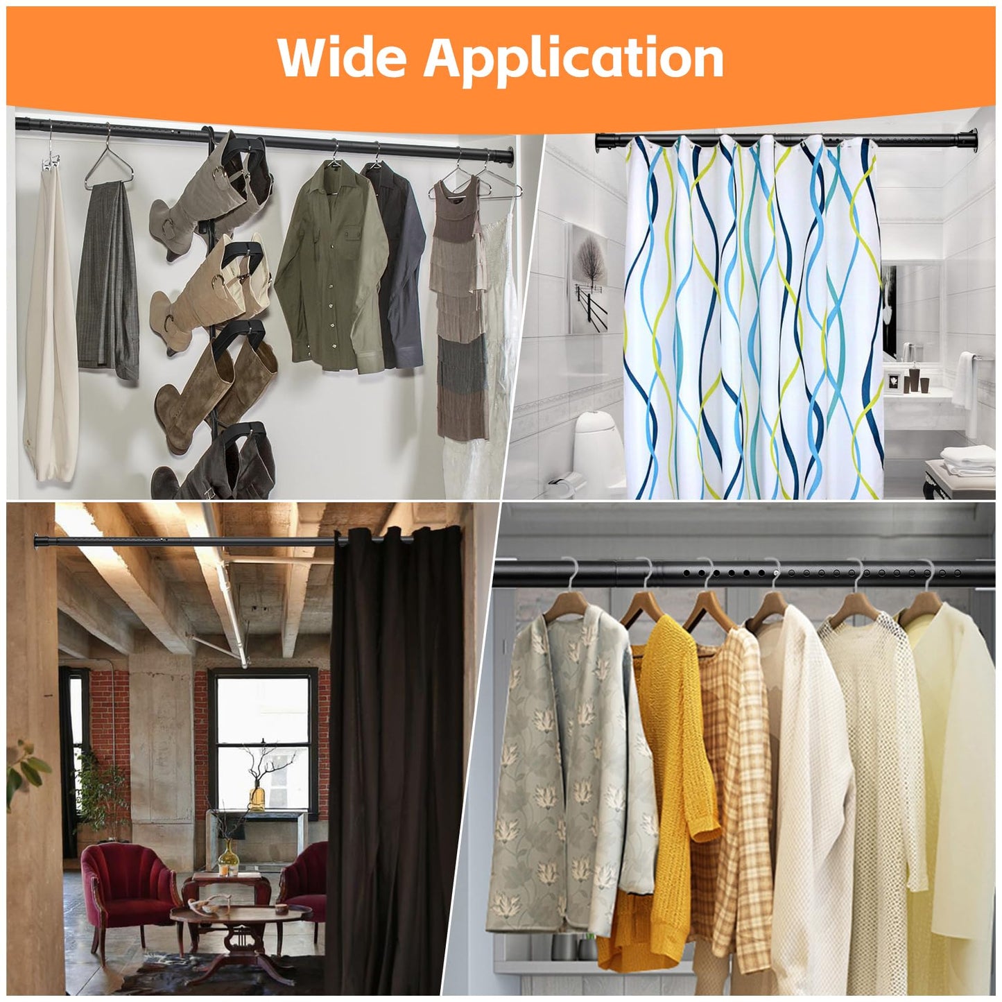 Closet Rods for Hanging Clothes, Heavy Duty Closet Rod 17-82 Inch Adjustable Clothes Hanging Bar Metal Shower Curtain Rods for Closet, Wardrobes, Bathroom, Windows