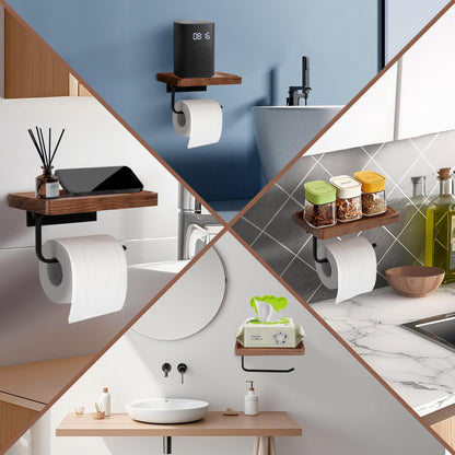 AISHEDYER Toilet Paper Holder with Shelf - Wall Mount & Self-Adhesive Bathroom Tissue Roll Holder, Black Stainless Steel with Walnut Shelf for Phone - Home Apartment Hotel Restroom Decor Essentials