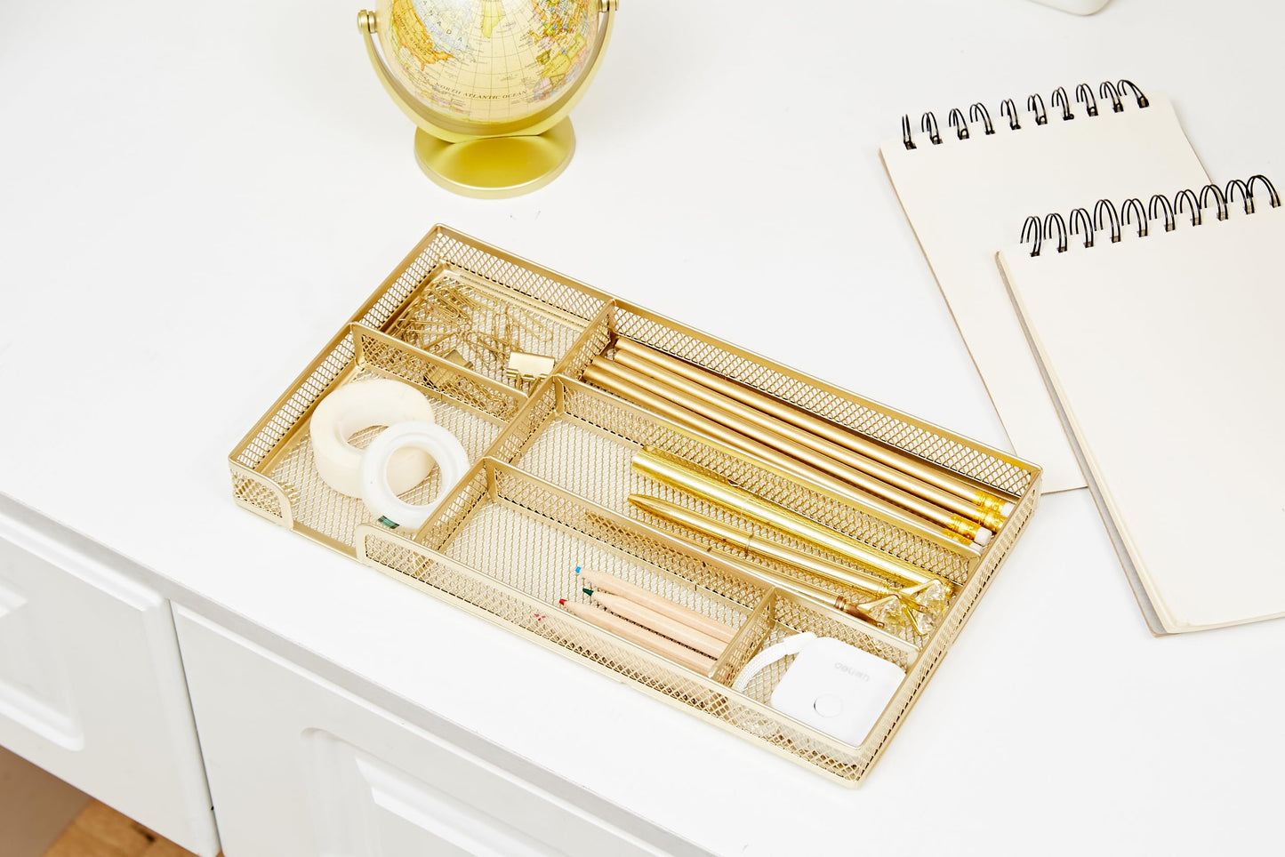 Annova Desk Drawer Organizer Tray for Office Organization - Metal Mesh - Storage Tray with Dividers for Pens, Desktop Accessories, Bathroom, Kitchen, Makeup and Office Supplies (Gold)