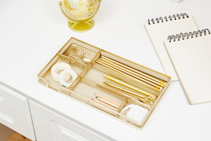 Annova Desk Drawer Organizer Tray for Office Organization - Metal Mesh - Storage Tray with Dividers for Pens, Desktop Accessories, Bathroom, Kitchen, Makeup and Office Supplies (Gold)