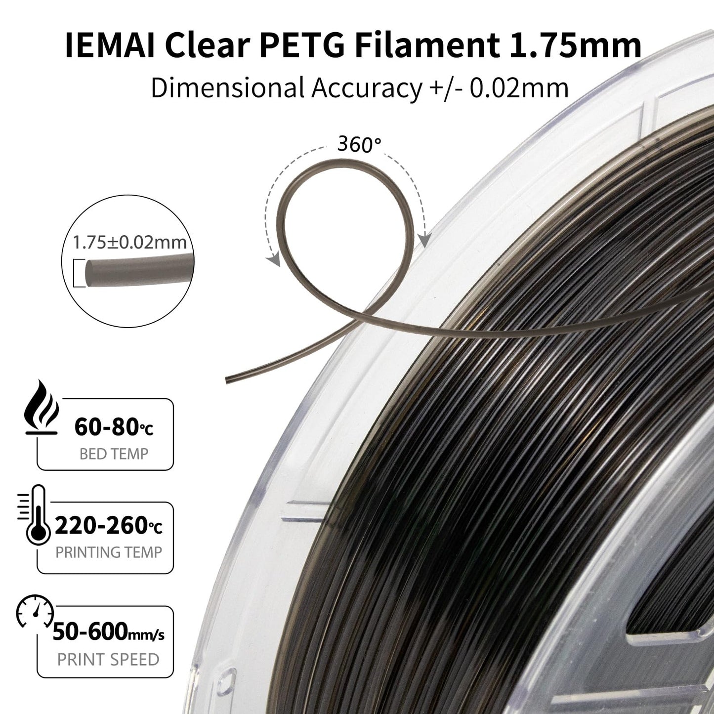 IEMAI Clear PETG Filament 1.75mm 1kg, Crystal Transparent Somke Gray 3D Printer Filament Up to 600mm/s Printing, Tough & Durable for Lampshade, Creative DIY, Home Decor