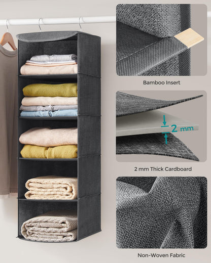 SONGMICS Hanging Closet Organizer, Set of 2, Hanging Storage Shelves, Space-Saving and Foldable, Metal Hooks and Bamboo Inserts, Gray