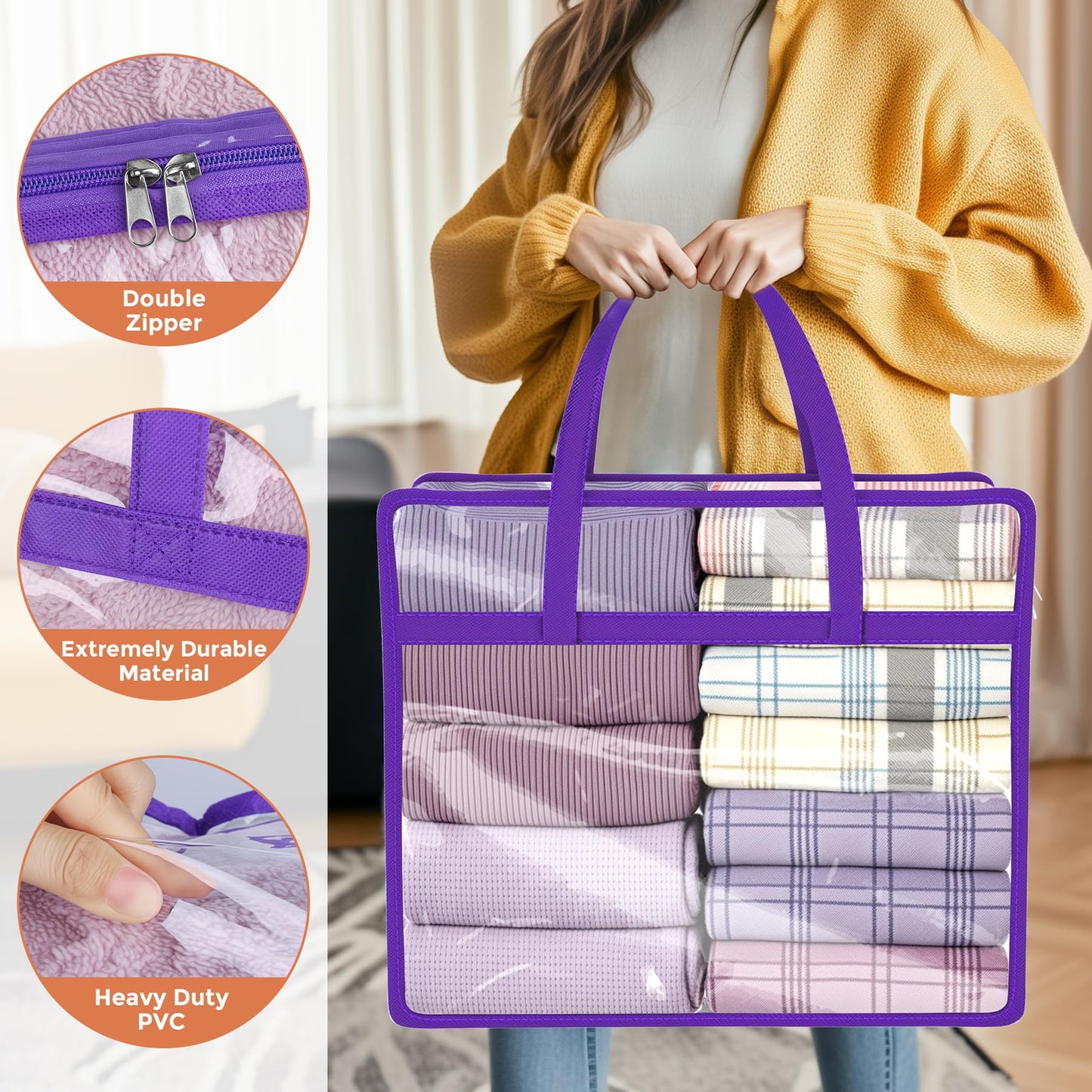 Budding Joy 6 Pack Clear Zippered Storage Bags for Clothes, Closet Organizers and Storage Bag for Bedding, Linen, Blankets, Comforters, Clothes & Toys Multi Purpose & Space Saver PVC Organizers