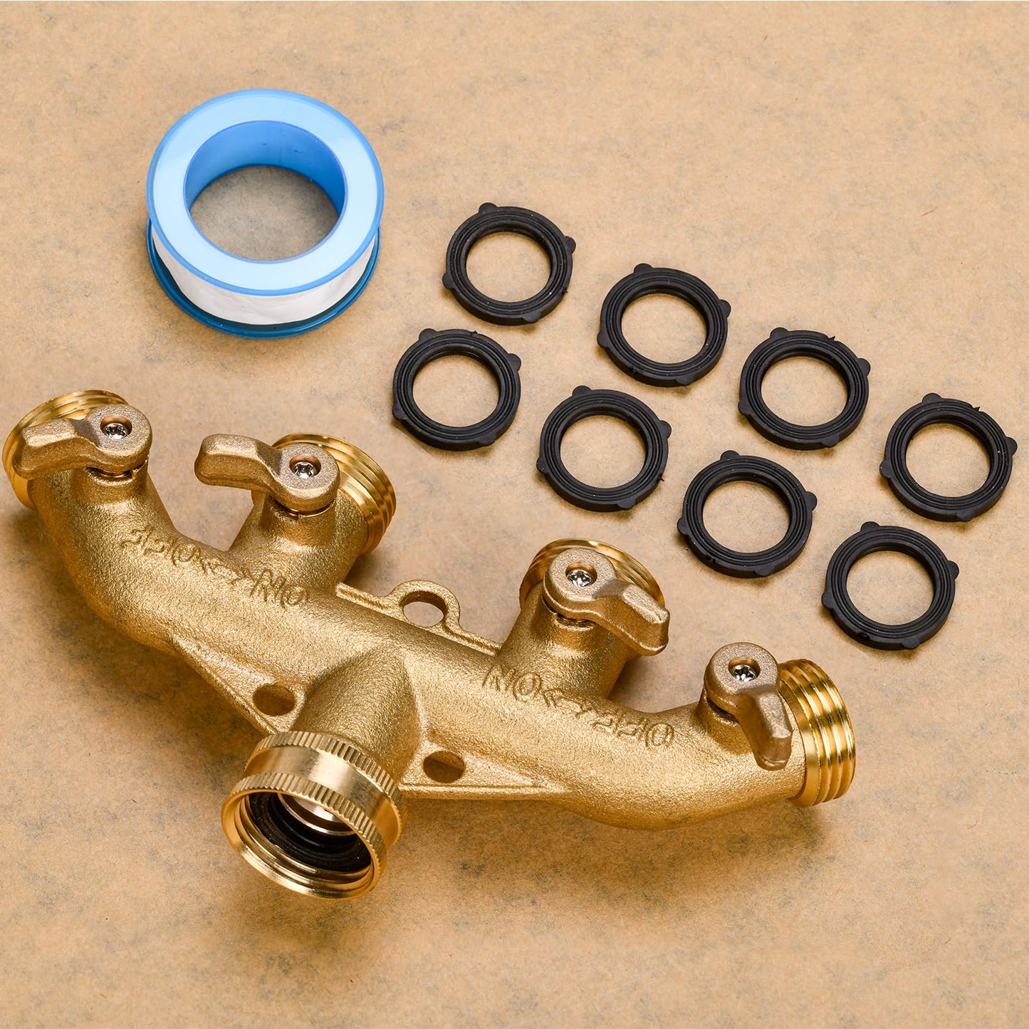 XIBETEO 4 Way Garden Hose Splitter 3/4" GHT Heavy Duty Solid Brass Garden Hose Splitter Hose Spigot Adapter with 4 independently Controlled valves 8 Washers for Garden, Home Life, Household Use