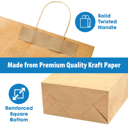 50 Pack Brown Kraft Paper Bags with Handles - 10x8x4.3 inches Paper Tote Bags for Grocery, Retail Stores, and Small Businesses - Gift Bags for Parties, Birthdays, Weddings