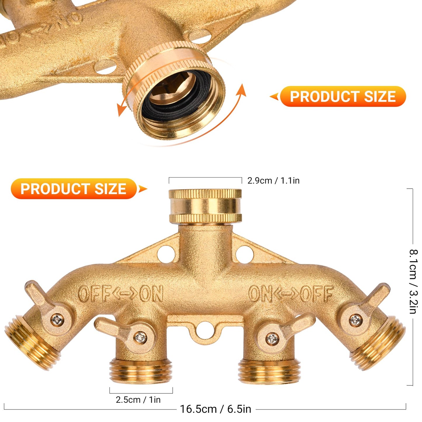 XIBETEO 4 Way Garden Hose Splitter 3/4" GHT Heavy Duty Solid Brass Garden Hose Splitter Hose Spigot Adapter with 4 independently Controlled valves 8 Washers for Garden, Home Life, Household Use