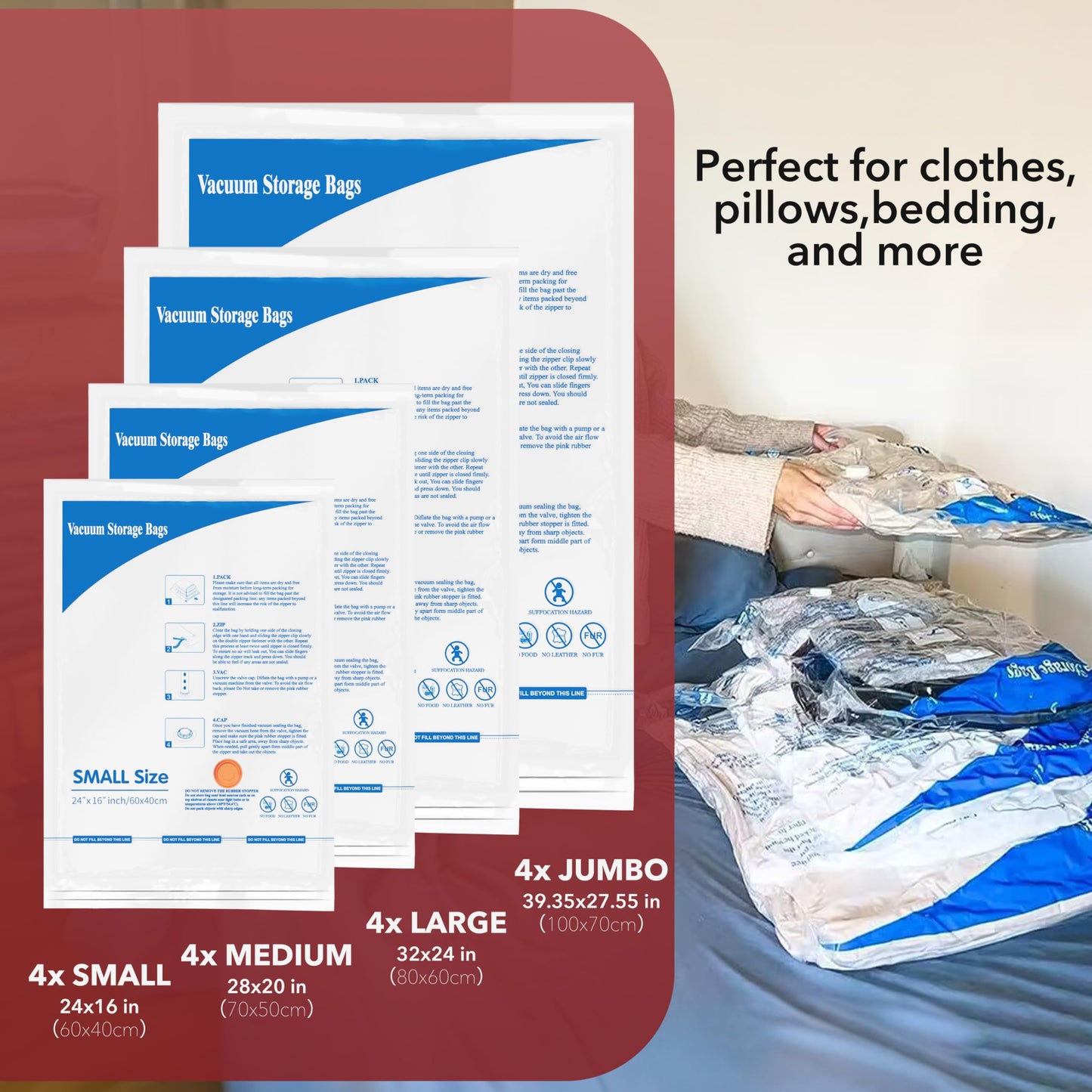 16 Pack Vacuum Storage Bags with Electric Air Pump,4 jumbo, 4 large, 4 midium, 4 small bags, Airtight Compression Bags for Clothes, Pillows, Comforters, Blankets, Bedding
