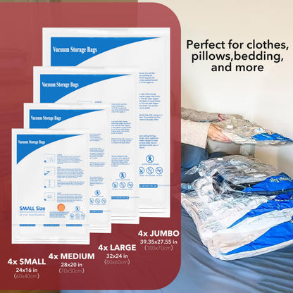16 Pack Vacuum Storage Bags with Electric Air Pump,4 jumbo, 4 large, 4 midium, 4 small bags, Airtight Compression Bags for Clothes, Pillows, Comforters, Blankets, Bedding