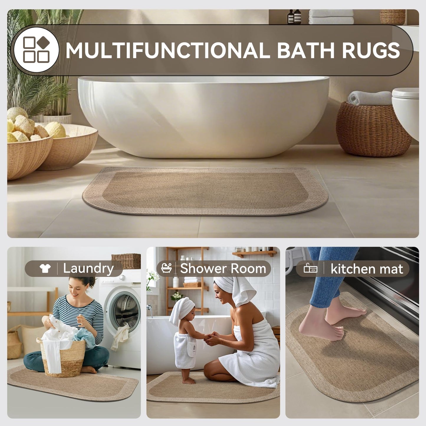 Bathroom Rugs Mat 20x31, Ultra Thin Non Slip Bath Mats for Bathtub Quick Dry Absorbent Rubber Bathroom Mat Fit Under Door, Washable Half Round Bath Rugs, Beige Brown