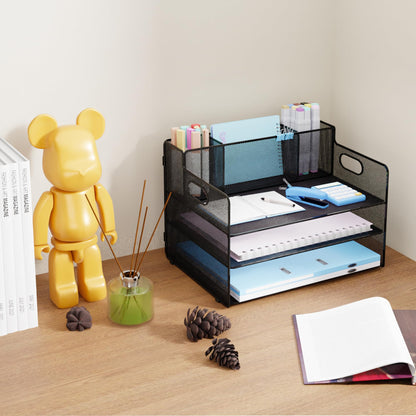Desk Organizer with pen holders, 3-Tier Letter Paper Tray Organizer with 3 Pen Holder, Desk Organizers and Accessories, Mesh Desktop File Organizer and Storage for Office Supplies Black