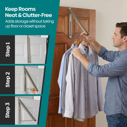 Over The Door Hanger - Closet Hanger Retractable Collapsible Folding Hanging Rack Organizer for Clothes & Towels Ideal for Bathrooms, Dorm Rooms Etc. - Satin Nickel (Includes one Hook)