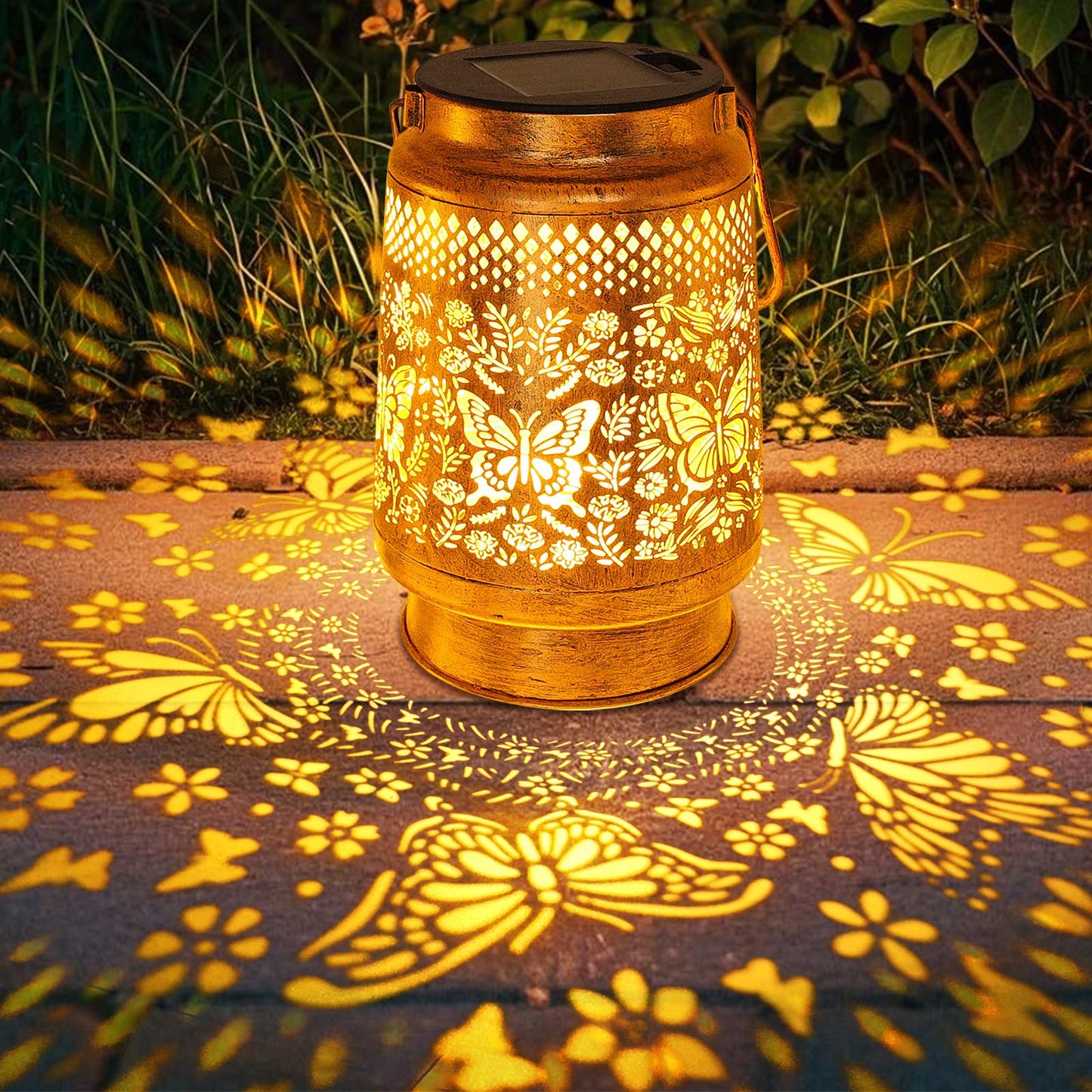 Solar Lanterns Outdoor Hanging Lantern Lights with Shepherd Hook, Gardening Gifts for Mom Grandma Women Butterfly Metal Decor Lantern Waterproof Solar Lights LED Decorative for Garden Yard Patio