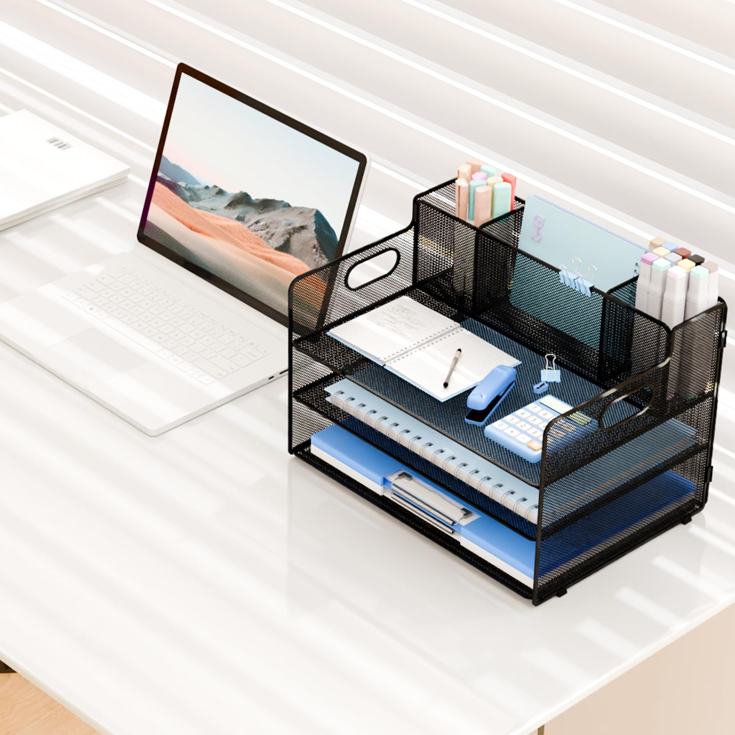 Desk Organizer with pen holders, 3-Tier Letter Paper Tray Organizer with 3 Pen Holder, Desk Organizers and Accessories, Mesh Desktop File Organizer and Storage for Office Supplies Black