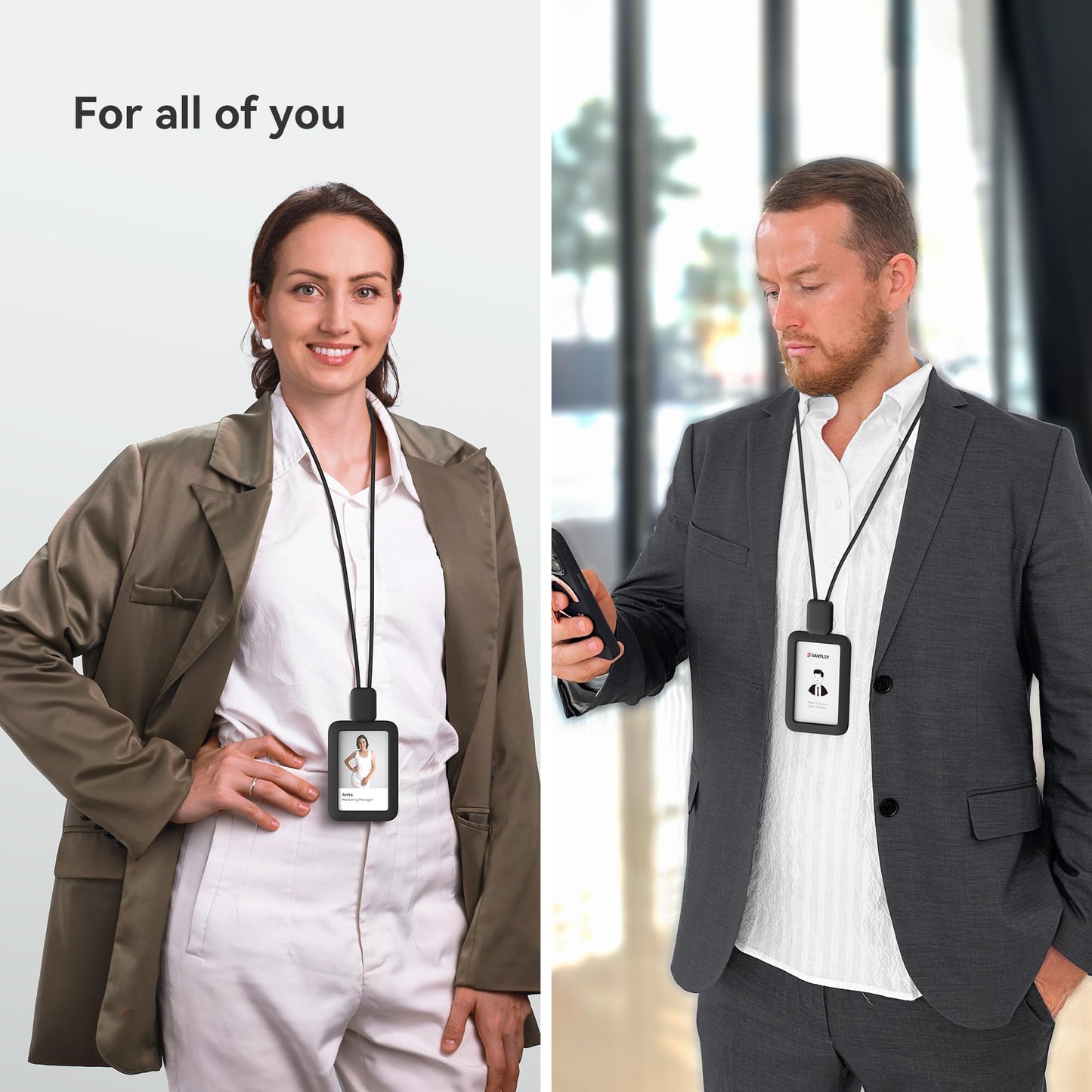 2 Pack Lanyards for ID Badges Holder, SANTLET Silicone ID Badge Holder Name Card Case Protector with Retractable Cord, Safety Breakaway Buckle, 2 Card Slots for Office Staff Teachers Employees Black