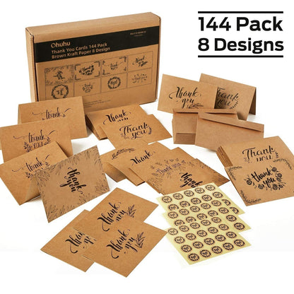 144 Thank You Cards Bulk, Brown Kraft 4x6 Inch Thank You Notes with Envelopes and Stickers, 6 Elegant Designs Greeting Cards for Business, Wedding, Baby Shower, Blank Inside