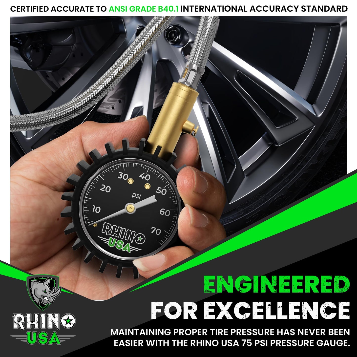 Rhino USA Heavy Duty Tire Pressure Gauge - Certified ANSI B40.1 Accurate, Large 2" Easy Read Glow Dial, Solid Brass Hardware, Best Any Car, Truck, Motorcycle, RV (75psi w/Hose)