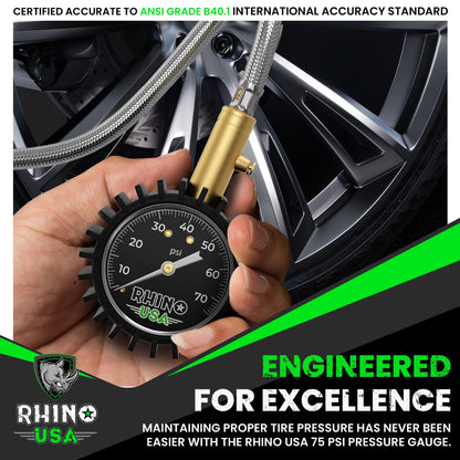 Rhino USA Heavy Duty Tire Pressure Gauge - Certified ANSI B40.1 Accurate, Large 2" Easy Read Glow Dial, Solid Brass Hardware, Best Any Car, Truck, Motorcycle, RV (75psi w/Hose)