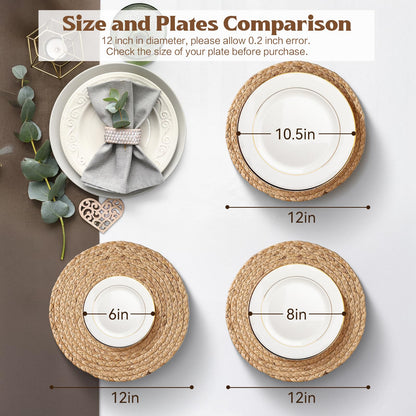 Aofmee 12 inch Round Woven Placemats Set of 6, Boho Rattan Place Mats, Natural Water Hyacinth Table Placemats, Farmhouse Weave Table Mats, Rustic Braided Wicker Charger Plates for Dining Table Decor