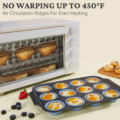 BRONYPRO Silicone Muffin Pan with Metal Frame, Egg Bite Maker Silicone Molds for Baking, Cupcake Pans 12 Regular Size, Muffin Tins Easy to Pop Nonstick Non Toxic Bakeware for Oven,Blue