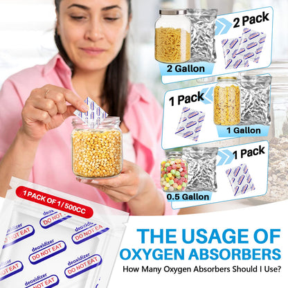 500cc Oxygen Absorber for Food Storage, Individually Wrapped Oxygen Absorbers for Long Term Food Storage, Works with Mylar Bags, Mason Jars