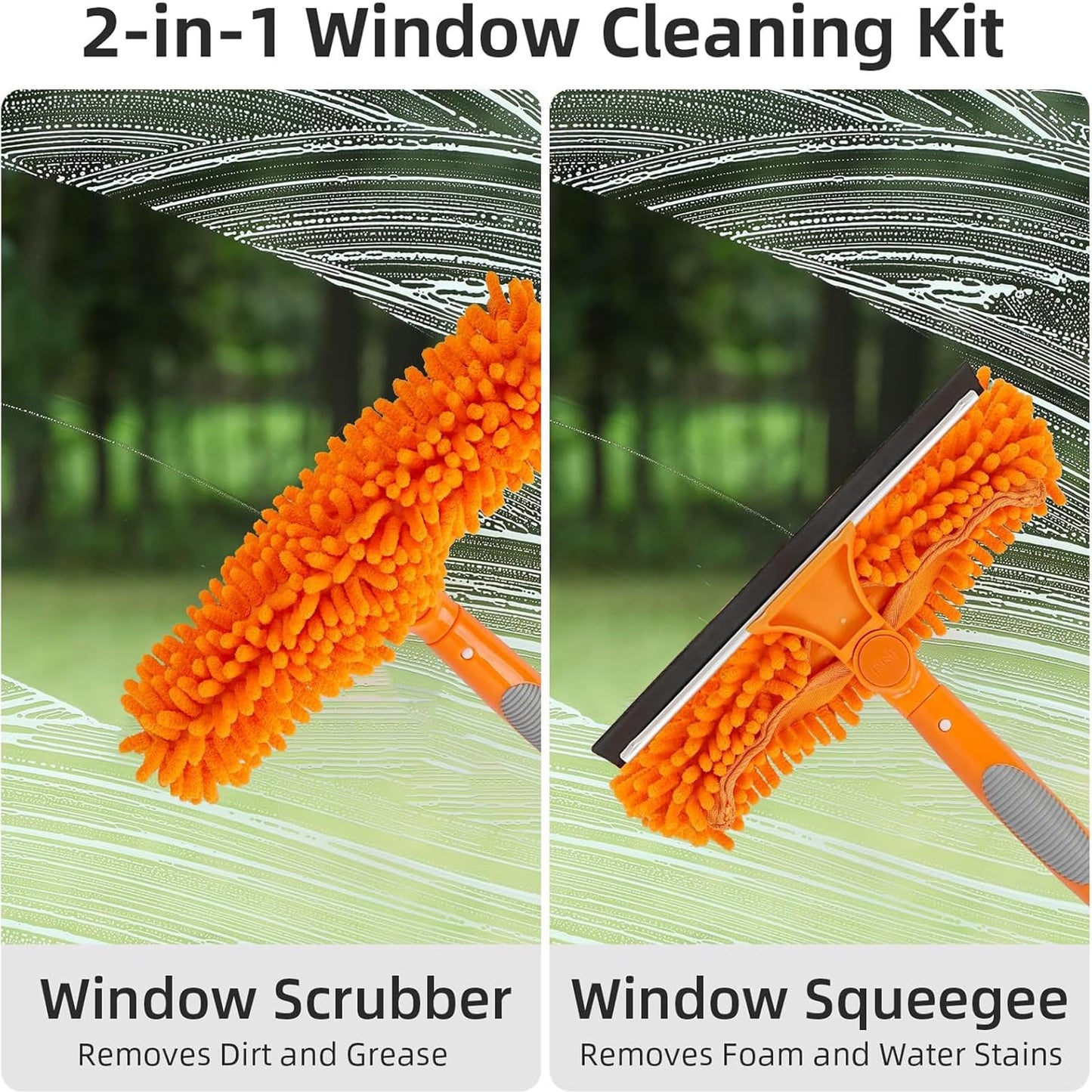 2 in 1 Window Cleaning Tools Squeegee, Double-Sided Professional Cleaner Rotatable Window Kit with Long Handle Pole 20+ Ft, Chenille Microfiber Duster Pads Scrubber for Indoor Outdoor High Glass
