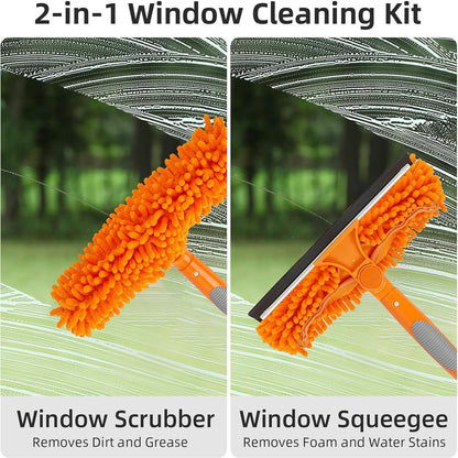2 in 1 Window Cleaning Tools Squeegee, Double-Sided Professional Cleaner Rotatable Window Kit with Long Handle Pole 20+ Ft, Chenille Microfiber Duster Pads Scrubber for Indoor Outdoor High Glass