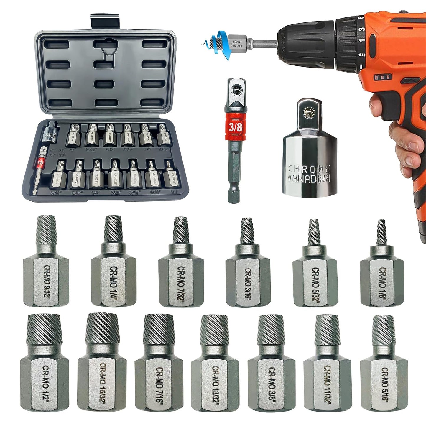 Greywolf 15 pcs Screw Extractor Set with 3/8 Inch Drive, Hex Head Multi-Spline Screw Easy Extraction Bolt Extractor Kit, Broken Bolt Extractor for Removing Broken, Rusted Bolts and Screws