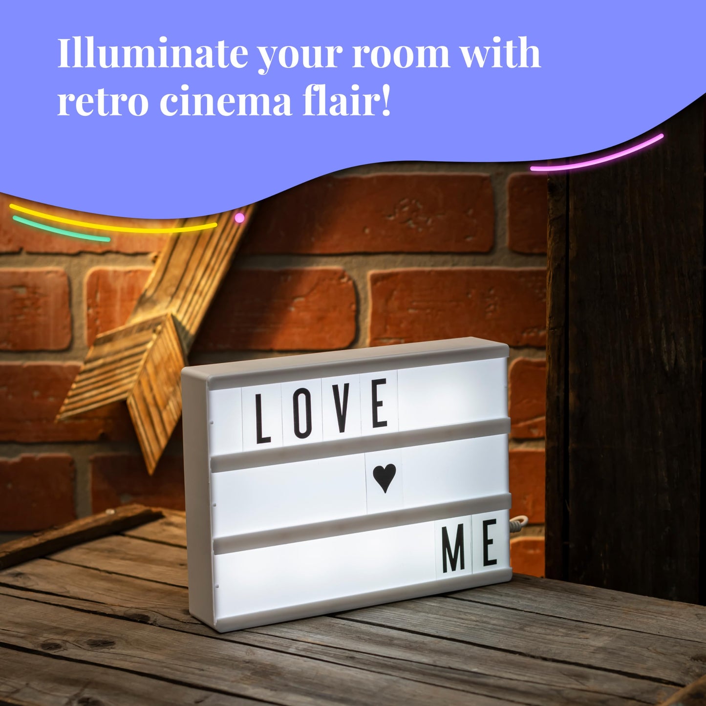 My Cinema Lightbox - The Mini Cinema Lightbox, LED Changeable Quote Sign To Create Personalized Messages, with 100 Letters, Numbers, & Symbols, USB or Battery Powered, A5 White