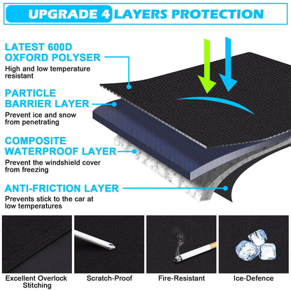 Tevlaphee Windshield Cover for Ice and Snow, Heavy Duty 600D Oxford Fabric, Waterproof, Embedded Magnets, Side Mirror Protector, Universal Fit for Cars, SUVs, Vans, Truck