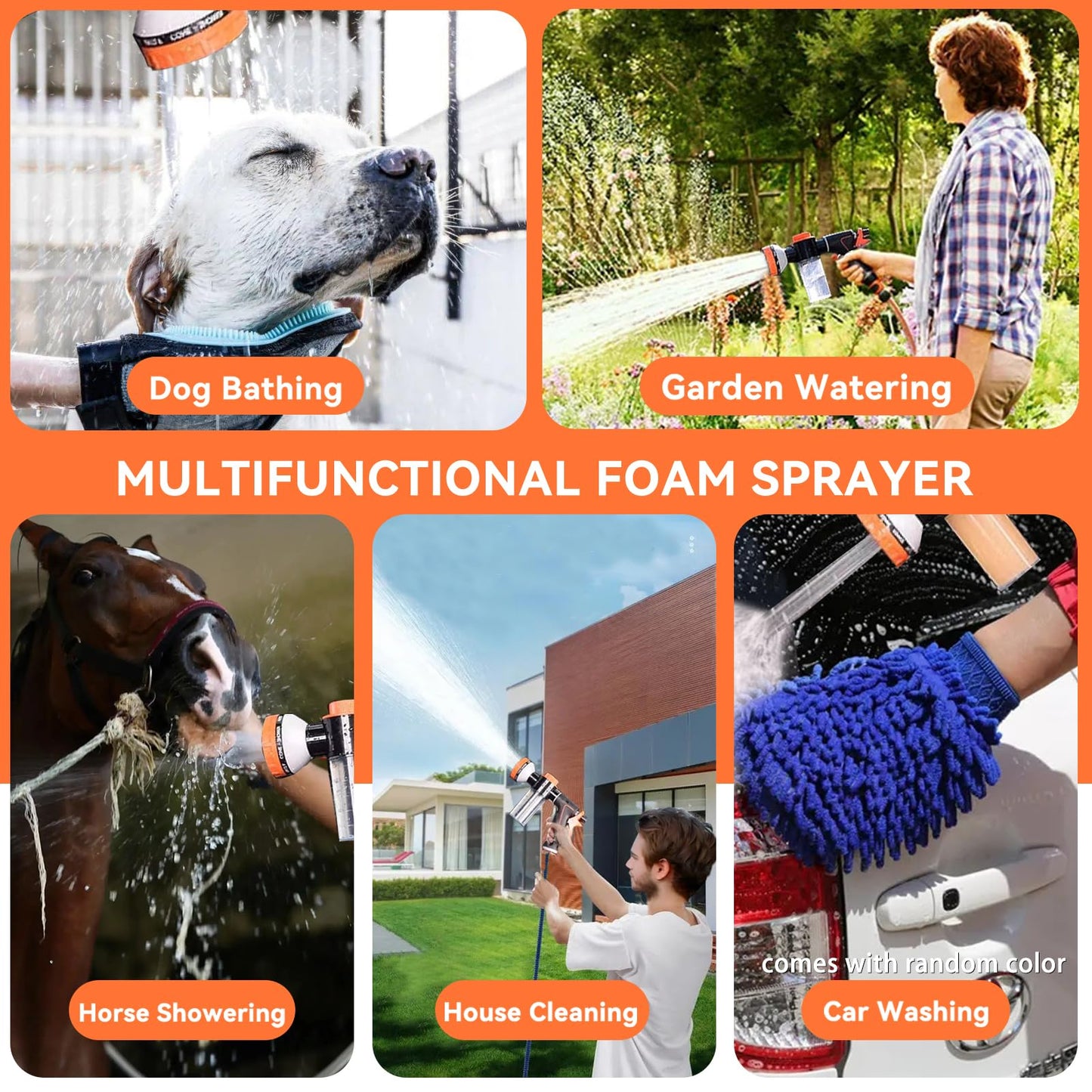 Upgrade Dog Washing Hose Attachment 10 Sprayer Pattern Outdoor, Garden Hose Nozzle with Soap Dispenser for Car Washing, Dog Shower Attachment with Brush for Pet Bathing, Pet Shampoo Hose Foam Sprayer