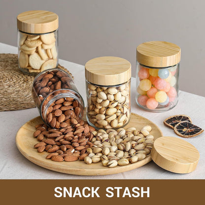 POLCANUR Glass jars with Bamboo Lids 4 pack,16oz Overnight Oats Containers, Reusable Wide mouth Salad jars, Glass Food Storage Containers for Snacks Yogurt Spice Sugar