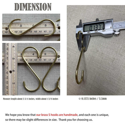 Solid Copper Brass S Hooks - 20 Pack, Pan Pot Holder Rack Hangers Round-End Gold S Shaped Hooks for Hanging Coffee Mugs Kitchenware Utensils Rail Jeans Pants Clothes Bags Plants