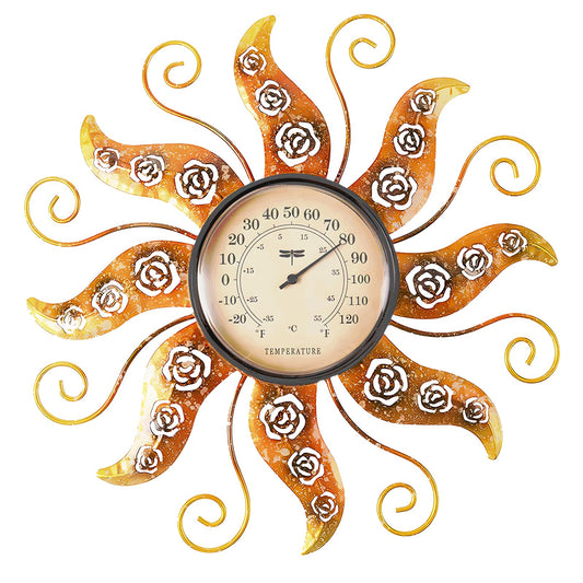 POXOHO Sun Art Outdoor Thermometer Decorative, 12" Rose Hollow Pattern Wall Thermometer Indoor, Vintage Waterproof No Battery Required Suitable for Garden, Terrace, Living Room Decoration