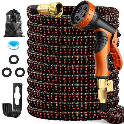 50FT Expandable Garden Hose with 10 Function Spray Nozzle,Flexible Lightweight Water Hose with 3/4”Solid Brass Fittings, Durable 4-Layers Latex,Expanding Retractable Gardening Pipe for Outdoor