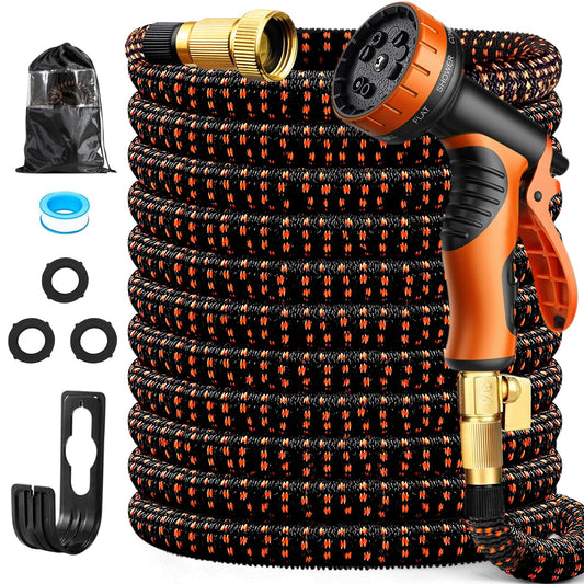 50FT Expandable Garden Hose with 10 Function Spray Nozzle,Flexible Lightweight Water Hose with 3/4”Solid Brass Fittings, Durable 4-Layers Latex,Expanding Retractable Gardening Pipe for Outdoor