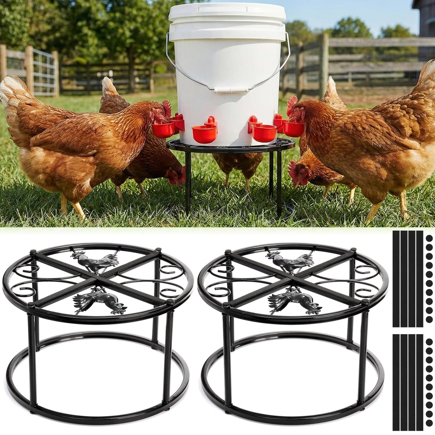 Cedilis 2 Pack Chicken Feeder Stand, Heavy Duty Iron Stand for Chicken Coop Poultry Feeder and Waterer Buckets Indoor Outdoor, Black