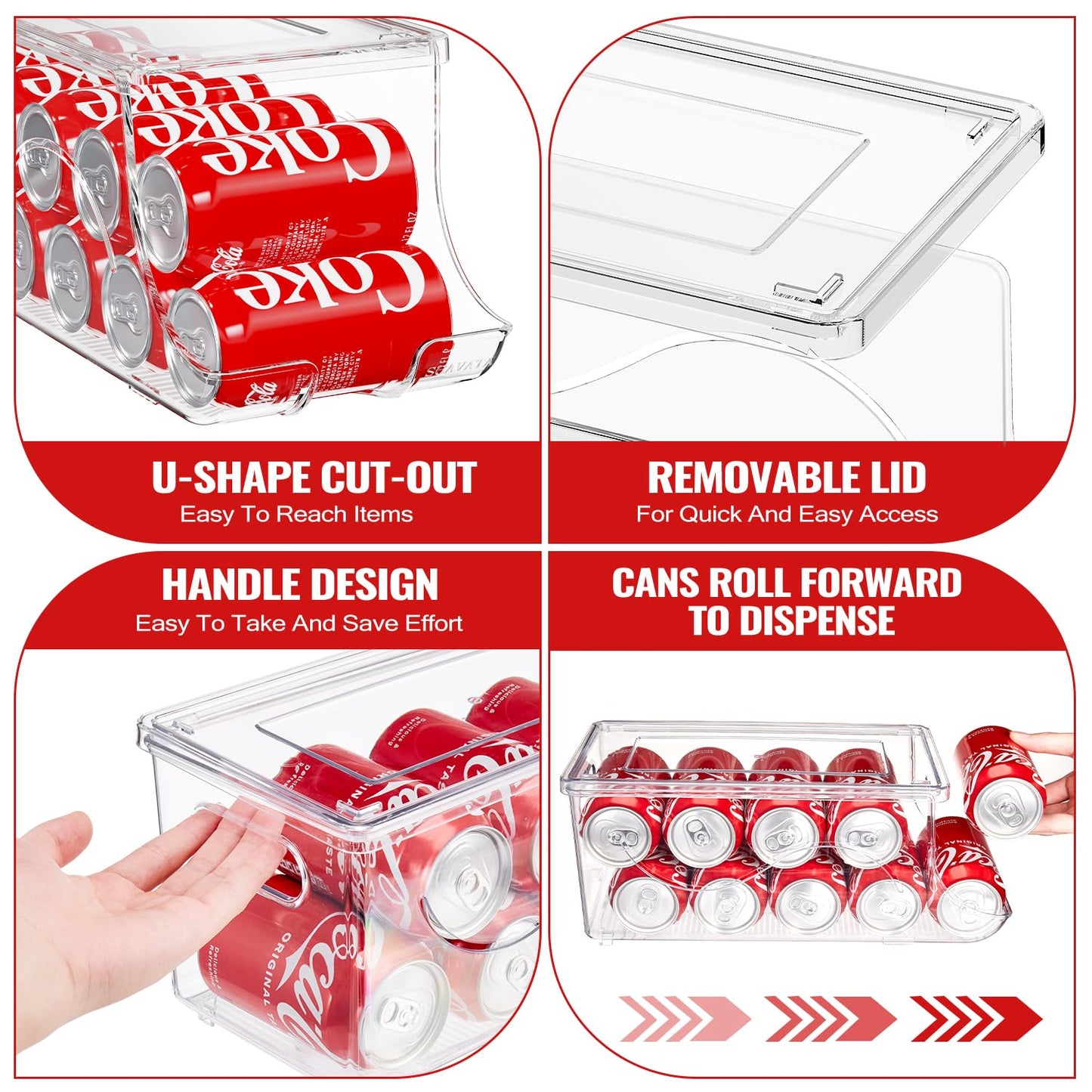 SCAVATA Stackable Refrigerator Organizer, Soda Can Dispenser Pop Cans Container Beverage Holder with Lid for Fridge, Freezer, Kitchen, Clear Plastic Storage Bins-Holds 10 Cans Each (Clear)