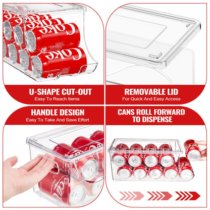 SCAVATA Stackable Refrigerator Organizer, Soda Can Dispenser Pop Cans Container Beverage Holder with Lid for Fridge, Freezer, Kitchen, Clear Plastic Storage Bins-Holds 10 Cans Each (Clear)