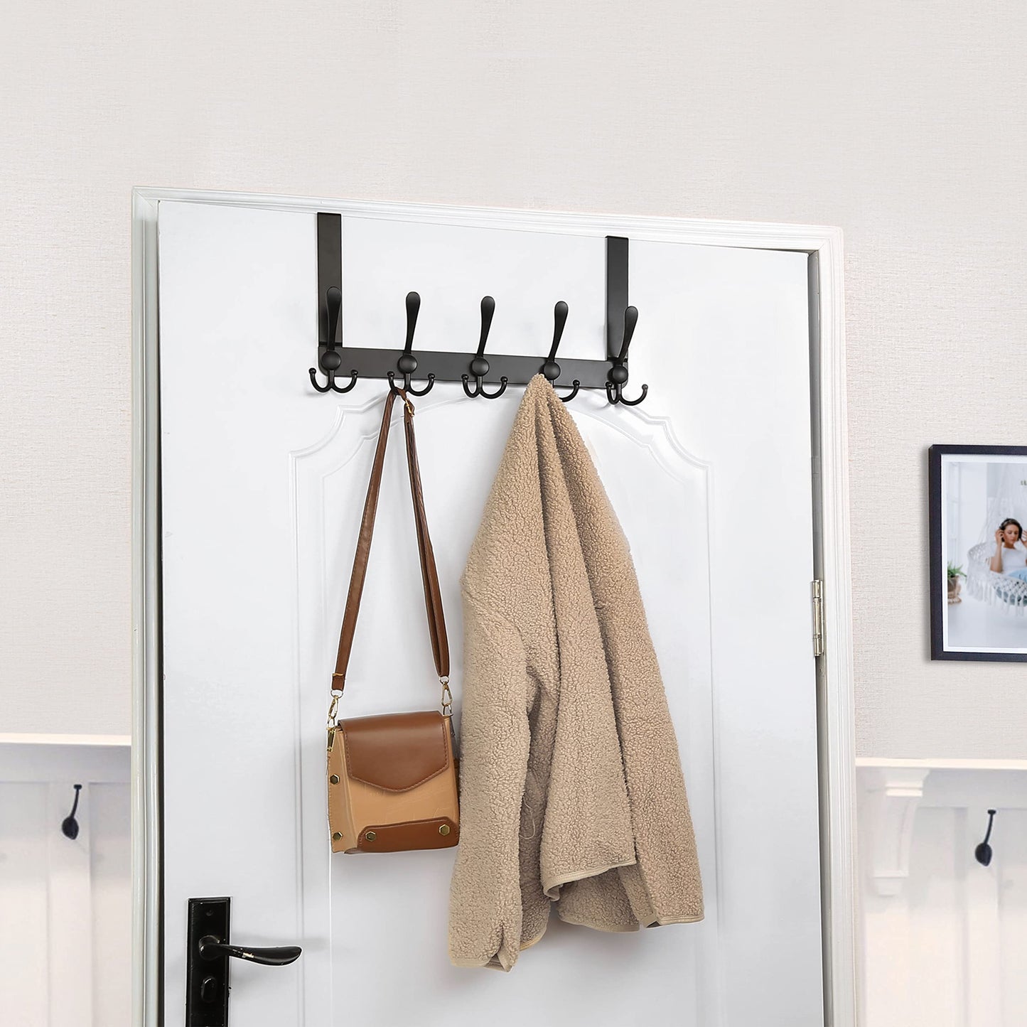 SKOLOO Over The Door Hook 5 Tri Hooks, Stainless Steel Heavy Duty Over Door Hook for Hanging Coats Clothes Towels, Over Door Hanger for Bathroom Bedroom, Black