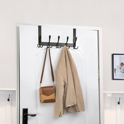 SKOLOO Over The Door Hook 5 Tri Hooks, Stainless Steel Heavy Duty Over Door Hook for Hanging Coats Clothes Towels, Over Door Hanger for Bathroom Bedroom, Black