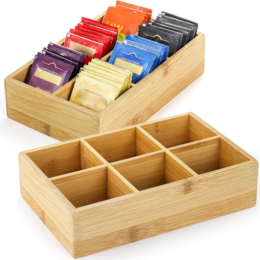 Dicunoy 2 Pack Bamboo Tea Bag Organizer, Wood Tea Drawer Box Storage Holder With 6 Compartments, Chest Box for Coffee Station, Sugar Packet, Sweeteners, Small Packets