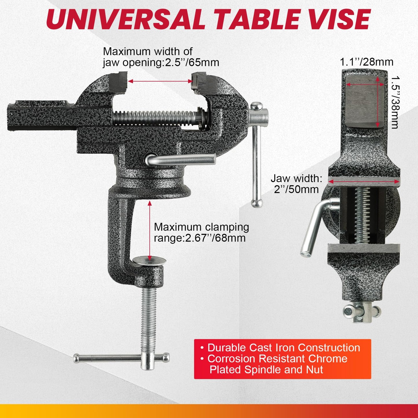 DASBET Table Vise Universal 3 Inch Work Bench Vice Clamp- 360°Swivel Base Bench Clamp Home Vise Clamp for Woodworking, Metalworking,Handcraft Creations, Cutting Conduit, Drilling