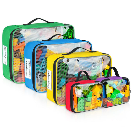 5 Packs Toy Storage Bags Compatible with Lego Bricks,Large Travel Toy Organizers for Magnetic Tiles,Kids Building Blocks,Toy Car,Puzzles with Mesh Pocket and Tag Pocket