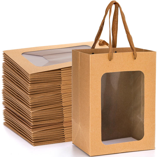 ZENFUN 30 Packs Brown Gift Bags with Handles, Kraft Shopping Bags with Transparent Window, 9.8 x 7 x 5 Inch Paper Gift Bags for for Presents, Birthday, Wedding, Valentine's Day