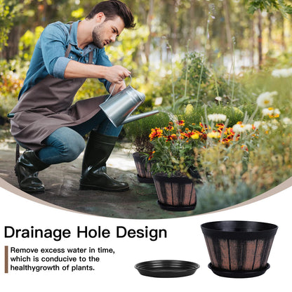 Quarut Plant Pots Set of 4 Pack 8 inch.Whiskey Barrel Planters with Drainage Holes & Saucer.Plastic Decoration Flower Pots Imitation Wine Barrel Design,Canbe for Indoor & Outdoor Garden Home Plants.