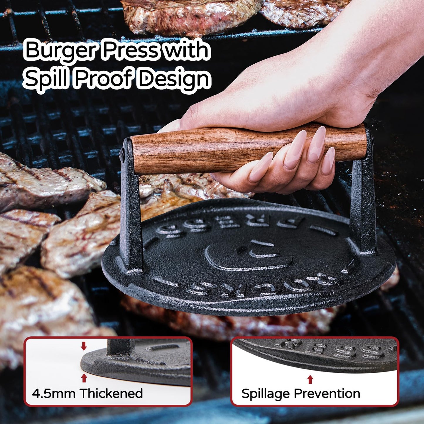 7 Inch Bacon Press, Heavy Duty Cast Iron Grill Press, 2.5 lbs Round Smash Burger Press with Wood Handle & Raised Edge, Food-Grade Griddle Press for Hamburger Bacon Seared Steak Sandwiches and Panini