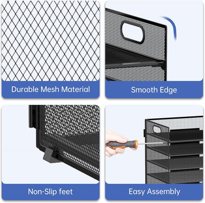 Reeplan 7-Tier Paper Organizer for Desk, Mesh Desk File Organizer with Handle, Paper Letter Tray File Sorter for Office Home School (Black)